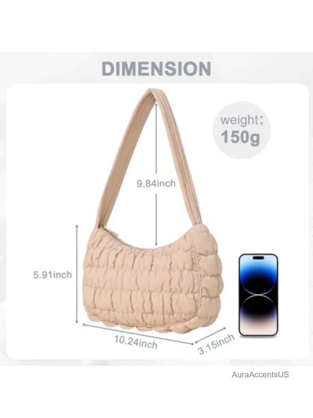 Quilted Nylon Puffer Tote Bag Lightweight Crescent Hobo Handbag Work Travel